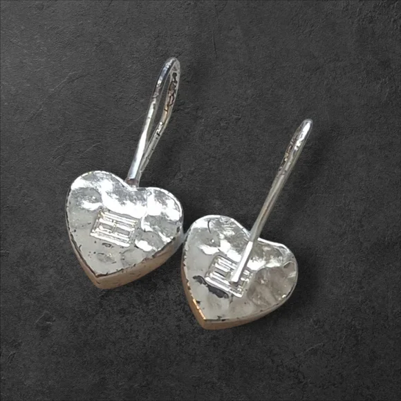 Vintage Heart Mosaic Enamel Earrings Red, Black, Cream French Hoop Slight Dangle - Picture 4 of 5